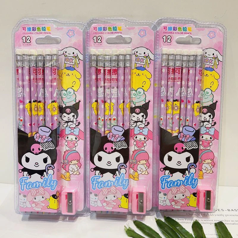 

2023 New Sanrio Erasable Color Pencil Cartoon Kuromi HB Children Pencil Card Hexagonal Pencil Multi-color Pencil Set 12 Colors