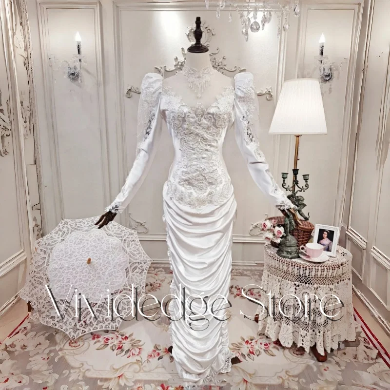 Medieval White Vintage Fishtail Wedding Dress Lace Beaded Long Sleeve Pleated Hem Elegant Bridal Gown Customized