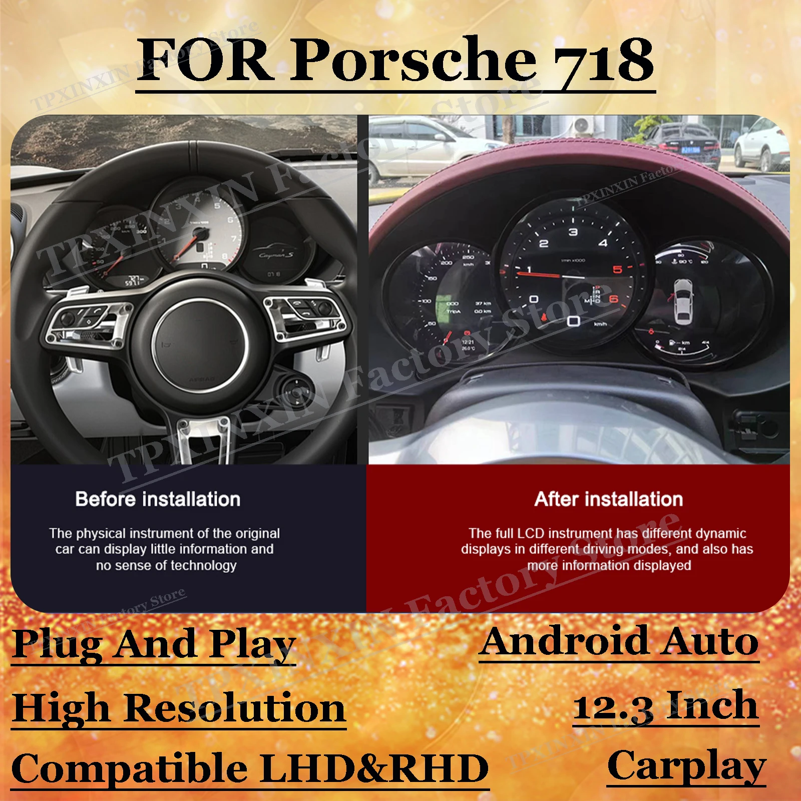 1920*720 For Porsche 718 Digital LCD Virtual Cluster Cockpit Android Auto Carplay Carplay Dashboard Panel Speed Meters