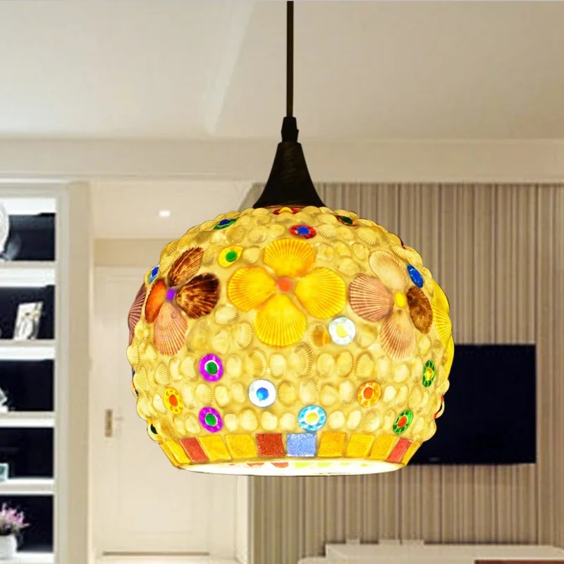 

Mediterranean Bohemia LED three chandelier bedroom creative study restaurant single head shell pendant