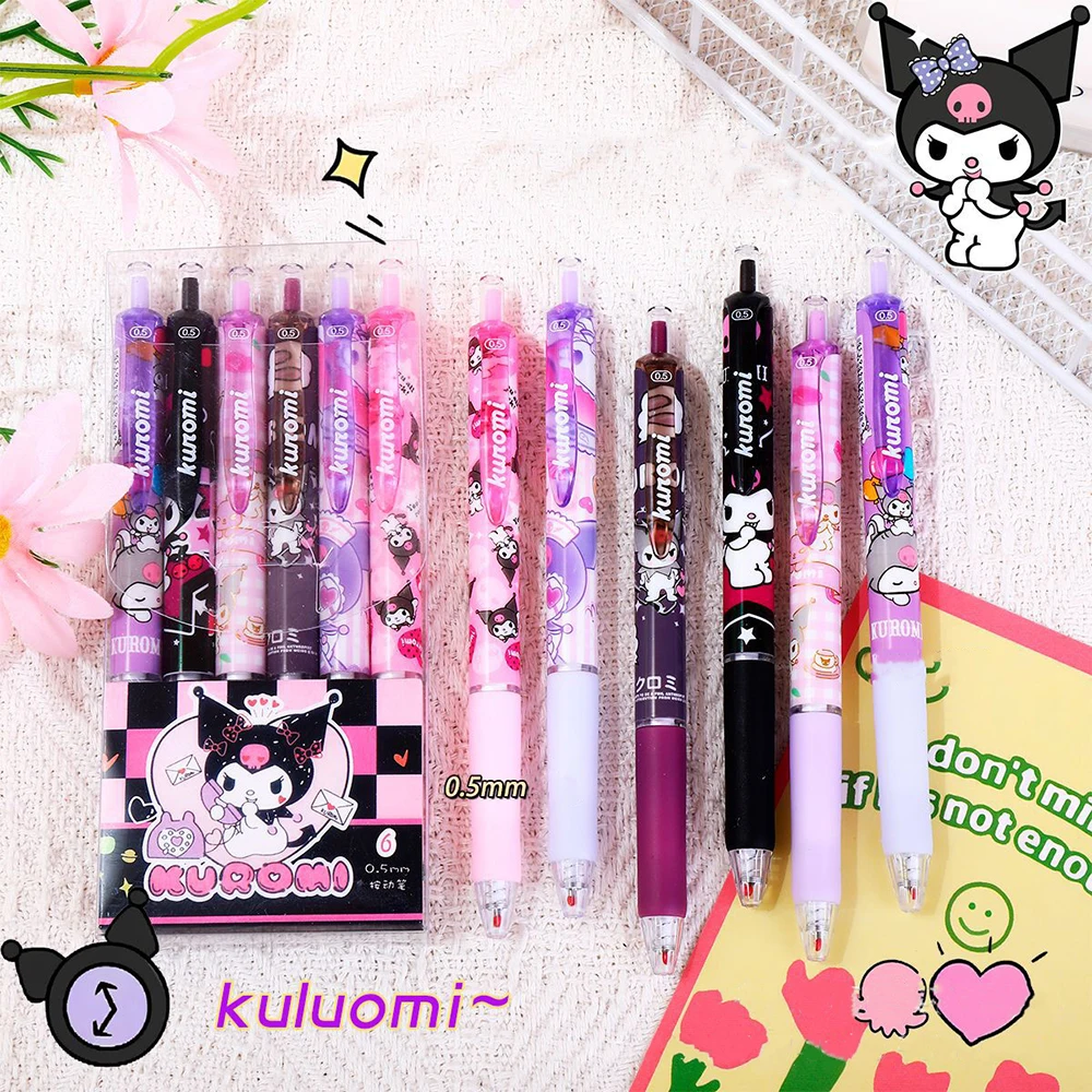 

6pcs Series 0.55mm Sanrio Kuromi Anime Gel Pen Cute Cartoon Press Pen Black Refill Y2k School Stationery Supplies Holiday Gifts