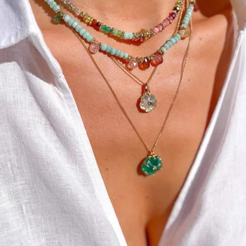 Europe America Brass Gold Plated Colored Glazed Glass Pendant Necklace Woman Fashion Jewelry Accessories