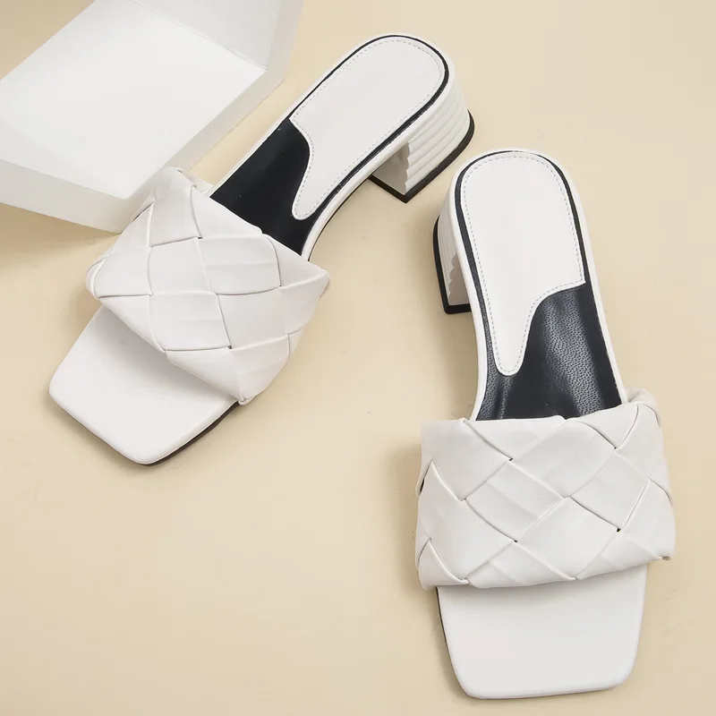 Women Fashion Design Weave Soft Slippers Purple White Square Heels PU Leather Woman Shoes Party Summer Female Square Toe Sandals