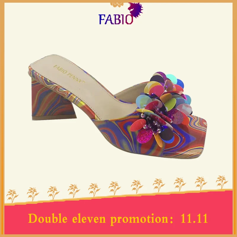 New multicolor medium heel sequin women's slipper casual banquet fashion party women's slipper Italian shoes