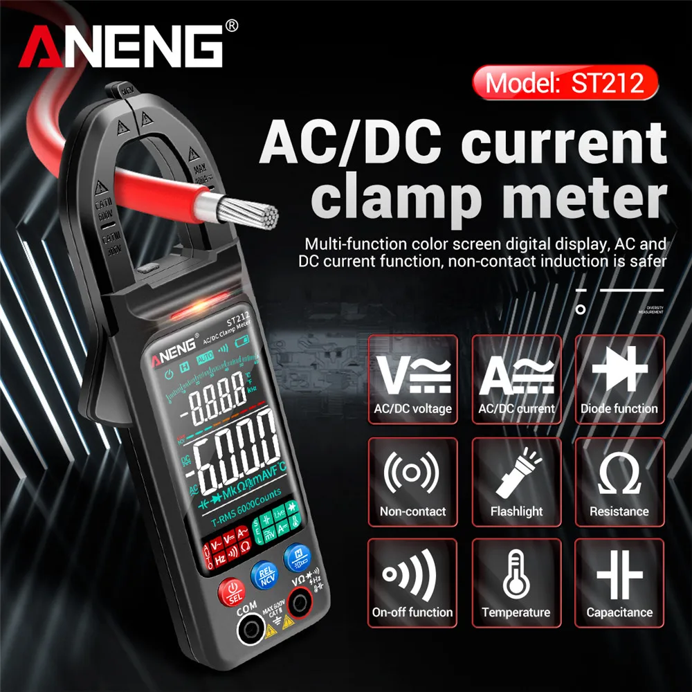 ANENG ST212 DC/AC Current Digital Clamp Meter 6000 Counts 400A Amp Multimeter Large Color Screen Voltage Tester Car Hz NCV Ohm