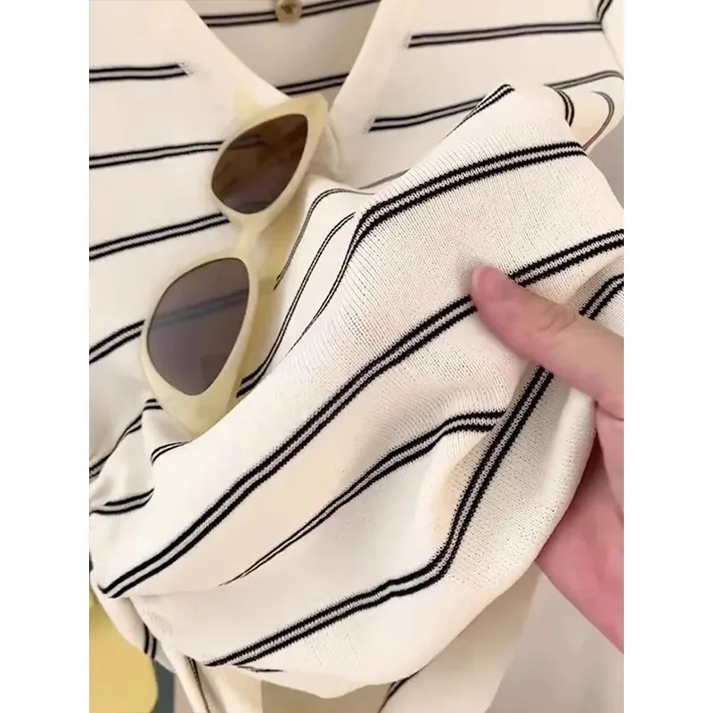 Unisex Cream Black Striped Knit Top Soft Touch Relaxed Fit