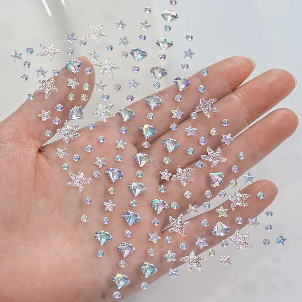 1Pcs Aurora Crystal Diamond Star Face Gems Stickers Mini Round Starfish Bling Rhinestone Fake Tattoo Sticker for DIY Eyes Body#^ view 4