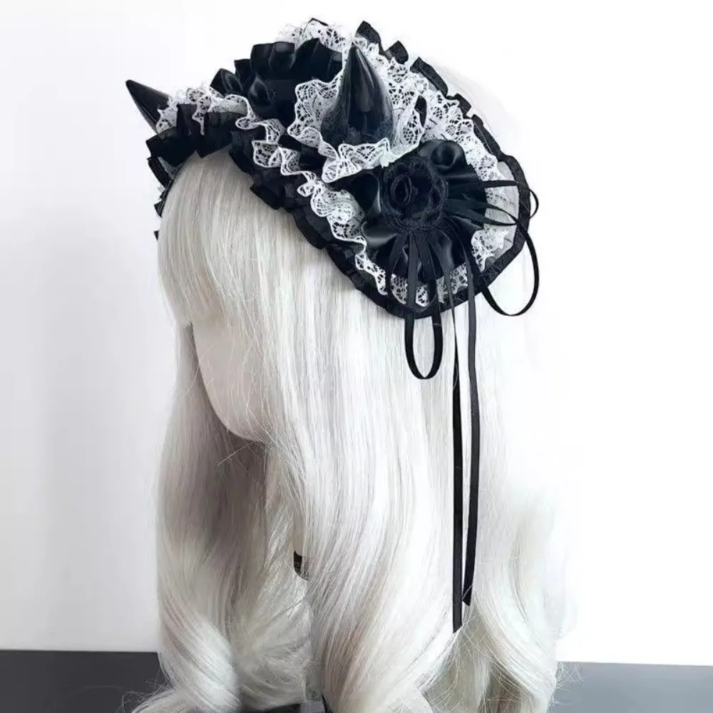 Lace-up Ruffle Devil's Corner Hair Band Punk Bow Little Devil Headband Cosplay Tulle Gothic Headwear Halloween Party