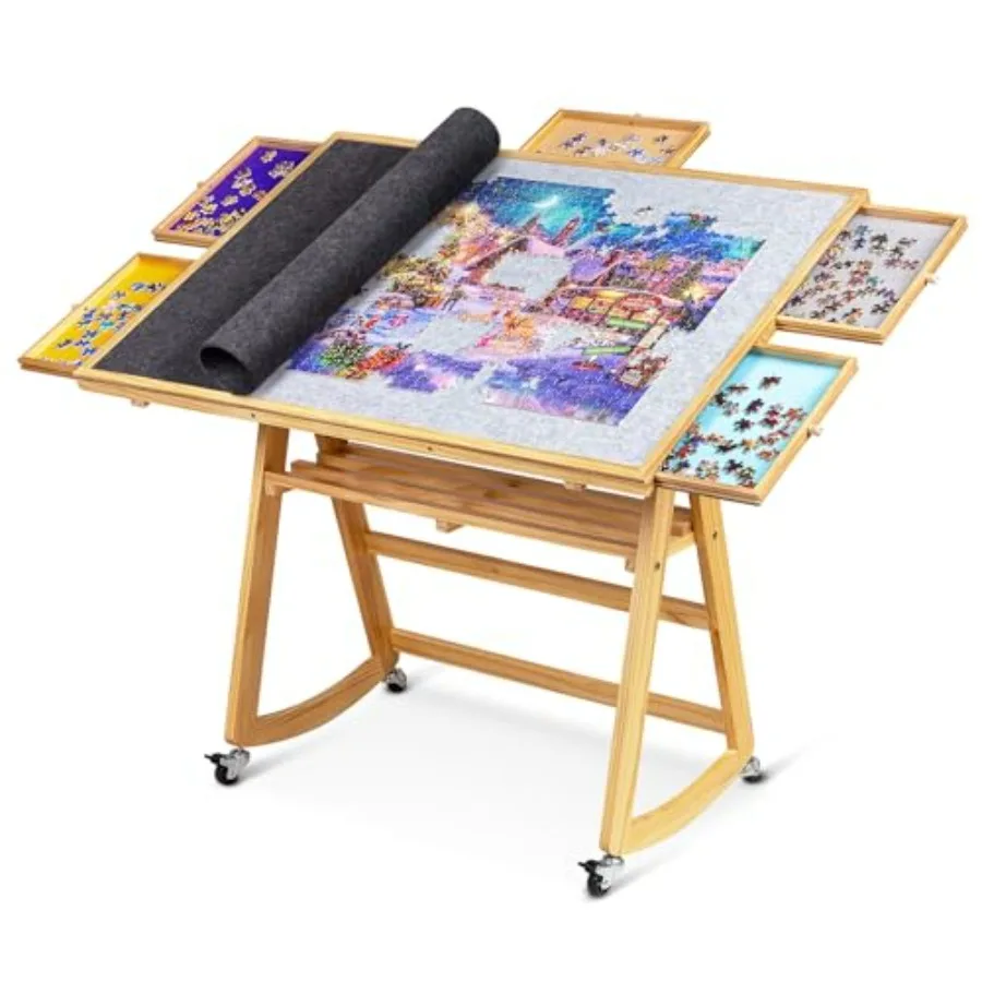 

1500 Piece Tilting Puzzle Table for Adults, Wooden, Brown Gray, Adjustable Angle, 5 Colored Drawers, Cover, 4 Wheels, Non-Slip