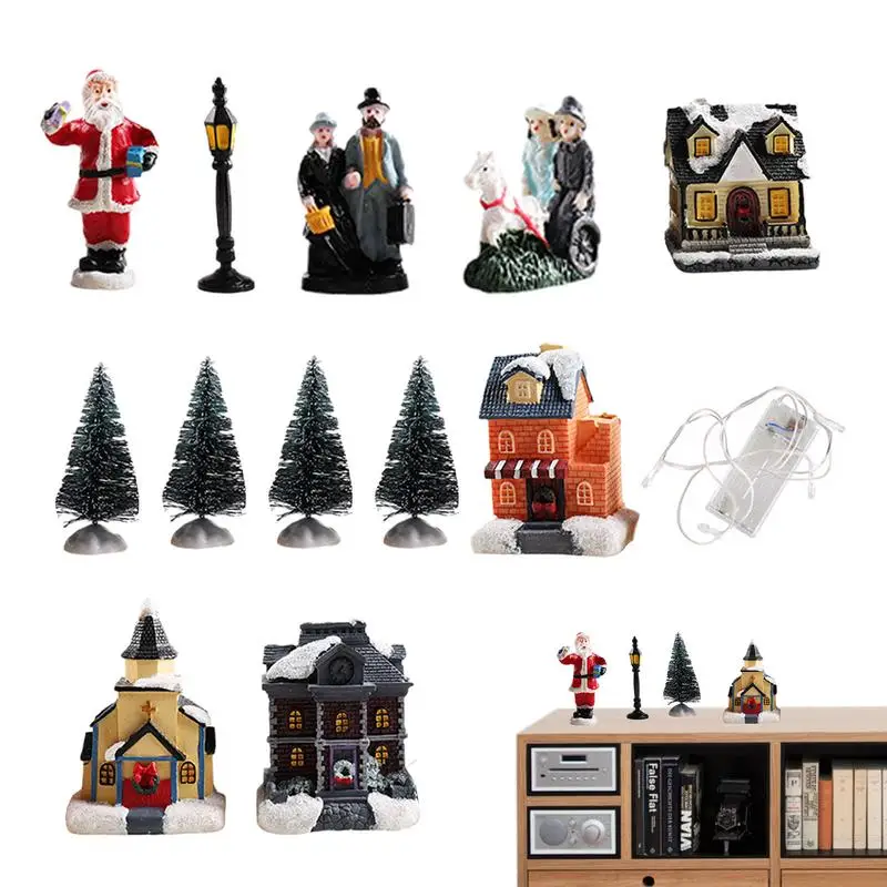 

12 Pcs Christmas Ornament LED Resin Christmas Village Set Statue Decor Santa Claus Pine Needles Snow House Holiday Gift