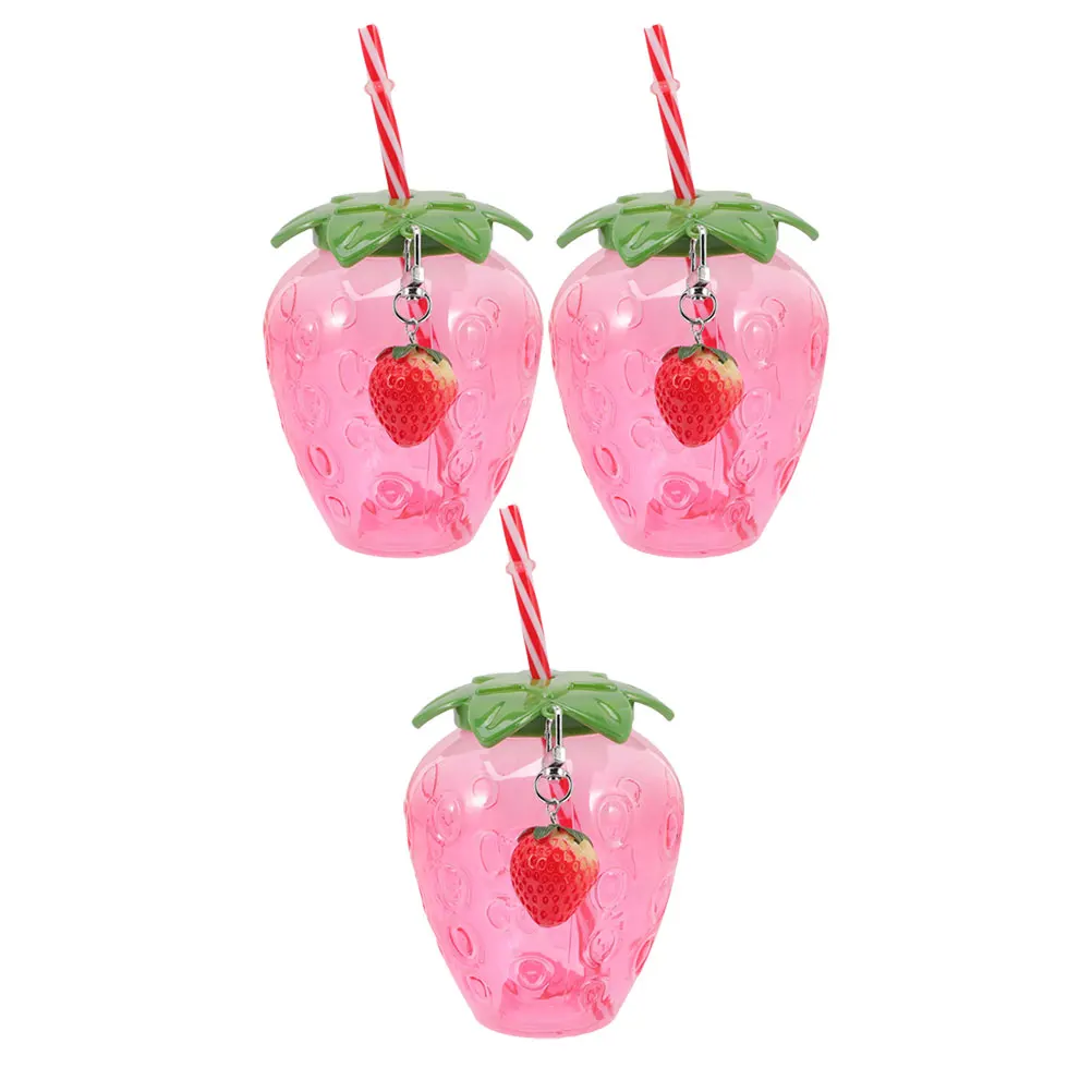 

3 Sets Strawberry Drinking Cup Plastic Cups with Lids Bottle Shaped Cold Milk Tea