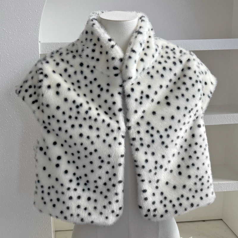 Deer-Print Faux Fur Vest for Women Warm Sleeveless Fuzzy Waistcoat Vintage Spotted Fleece Gilet  Mori Girl Layering Outerwear