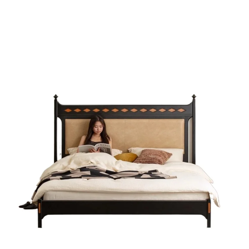 

French medium and ancient bed solid wood bed leather bed retro oak backrest modern simple double 1.8 meters soft bag