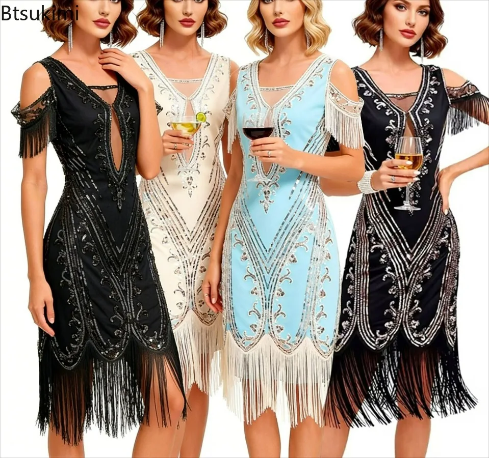 Damen Vintage Stickerei-Quastenkleid Cocktailparty Pailletten-Verziertes Netzkleid Rundhals Pailletten-Perlen-Quasten-Ballkleid Neu