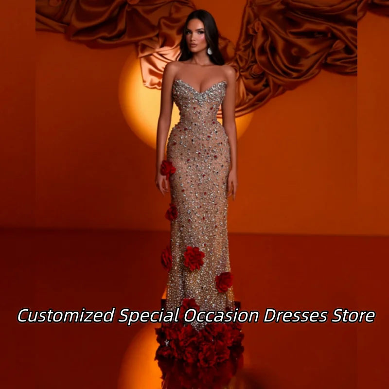 

Роскошные вечерние платья в форме сердца из бисера, красные цветы ручной работы, длинное африканское платье русалки для выпускного вечера, женское платье на заказ, Vestido De Gala