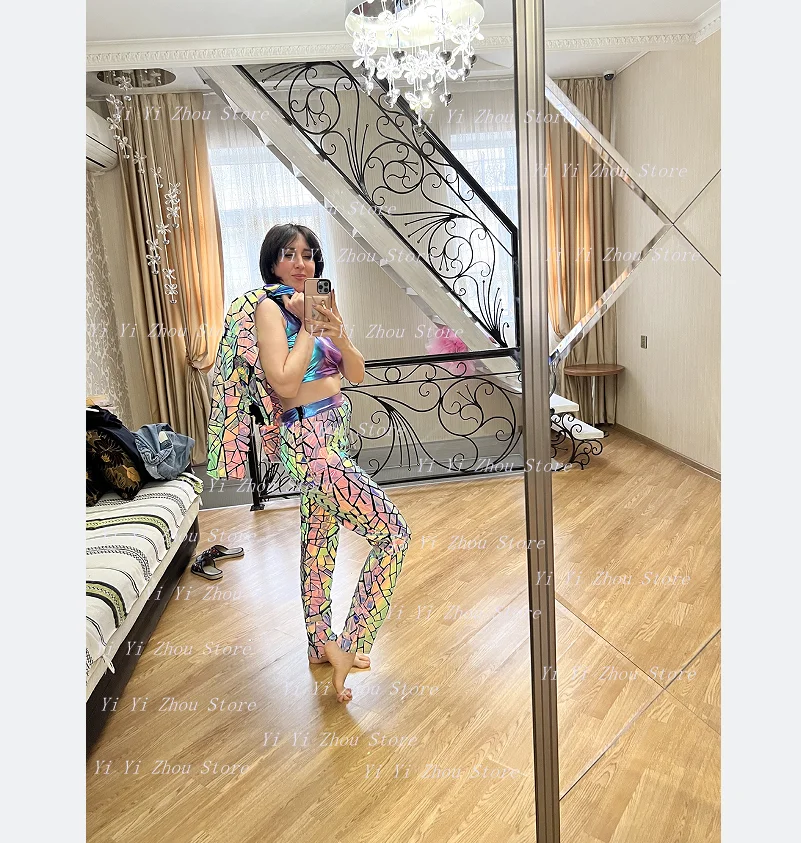 

Blue Purple Mirror Nightclub Stage Wear Singer Jazz Dance Costume Laser Sequin Jacket Vest Pants 3pcs Female Performance Outfit
