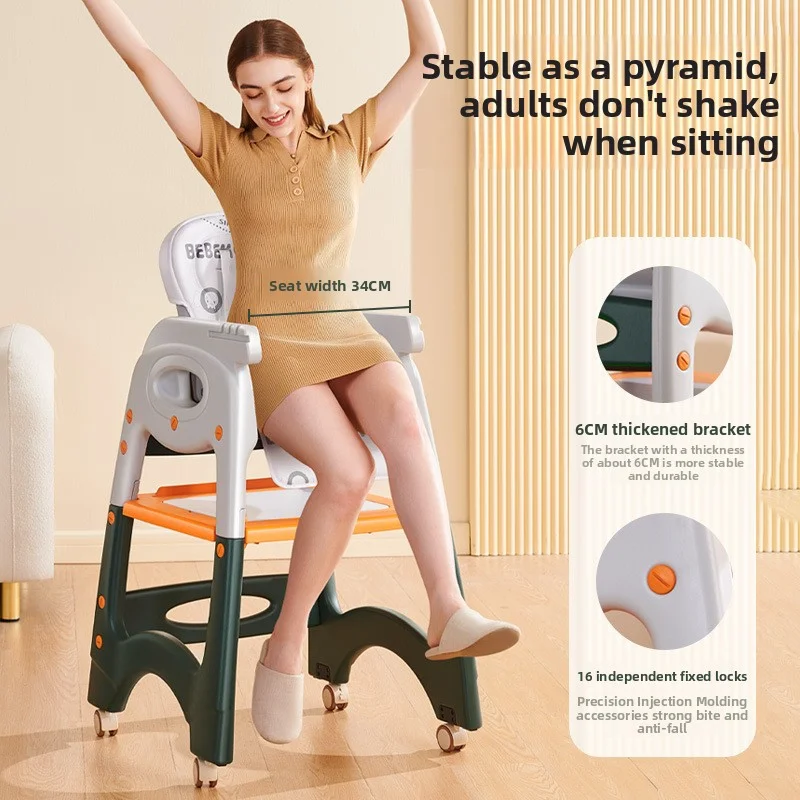 Rolling Baby High Chair with Lockable Wheels, Safe Anti-Tip Foldable Infant Feeding Table Chair