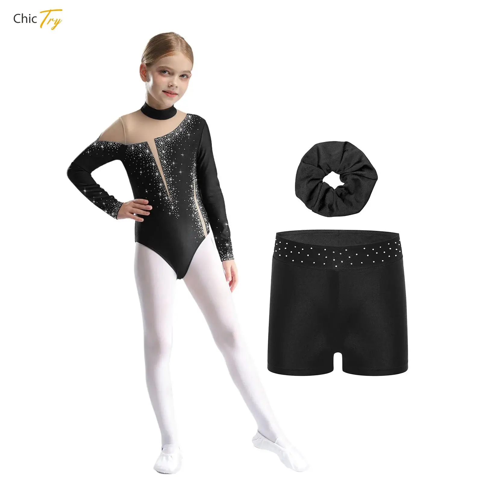 

Kids Girls Sports Tracksuit Ballet Gymnastics Figure Skating Sets Glittery Leotard and Shorts for Sports Training