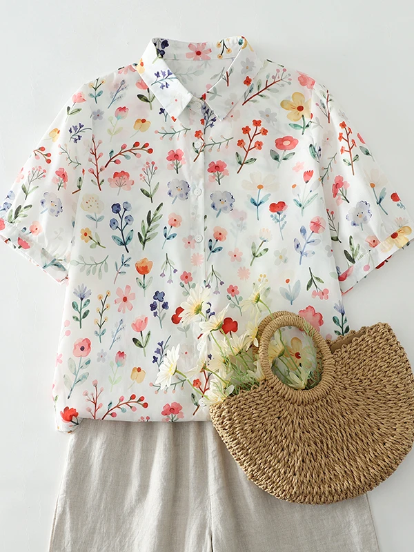 

Summer Thin Casual Neck Short Sleeve Women's Top Large Size Korean Brand Artistic Loose Fit Printed Shirt Trendy