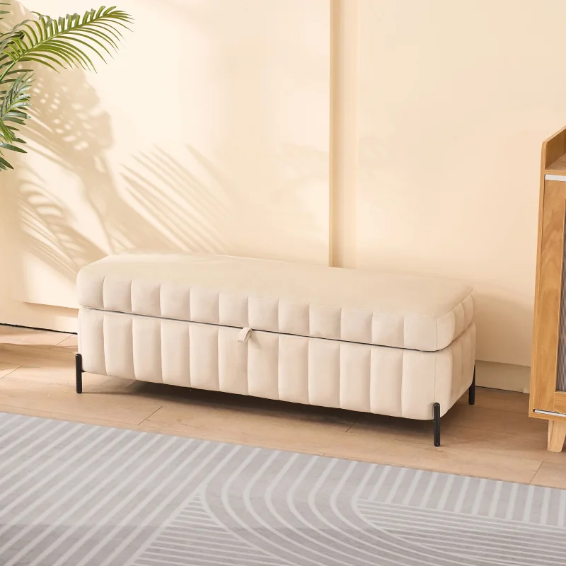 Poggiapiedi da banco morbido imbottito in velluto da 49,21 pollici di larghezza, ottomano, con gambe in metallo, poggiapiedi, poggiapiedi beige