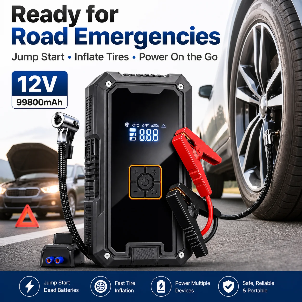 

3000A 12V Car Jump Starter Air Compressor With Power Bank 99800mah Peak Portable Battery Starter 150PSI Air Pump With LED Light