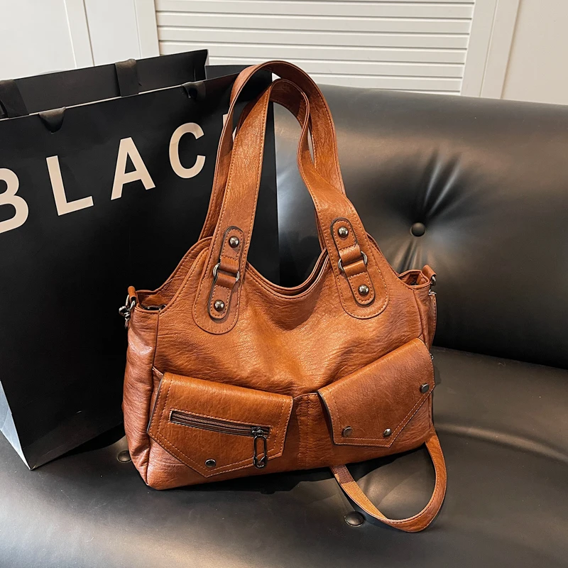 

Commuting Shoulder Bag For Women High Capacity Shopping Underarm Tote Solid Color Soft Leather Messenger Bag Female Handbags