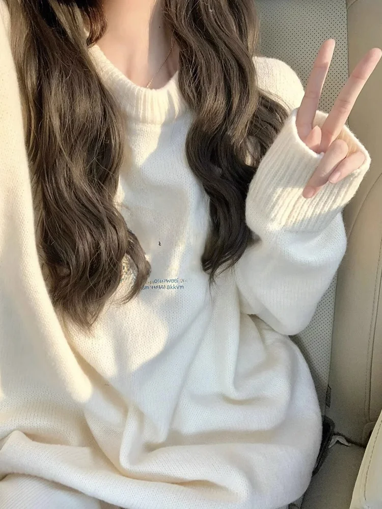 

Круглый свитер Kt с принтом Ne, женский осенне-зимний новый студенческий костюм Lazy Sle, теплый вязаный длинный топ све