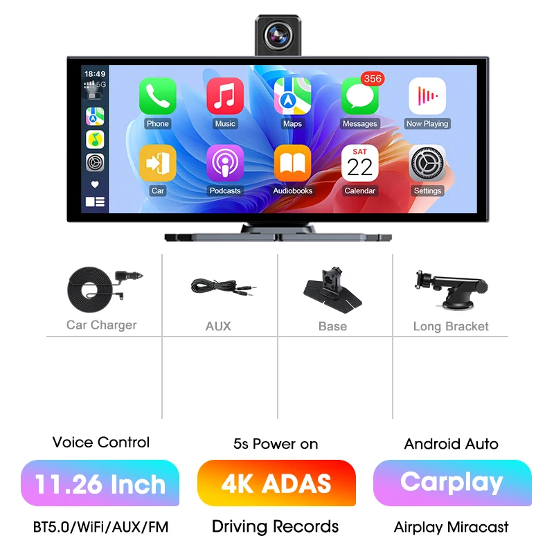 11.26 "4K ADAS Dash Cam Display Draadloos Android Auto CarPlay Scherm DVR Dubbele opname Nachtzicht Auto Intelligente systemen FM