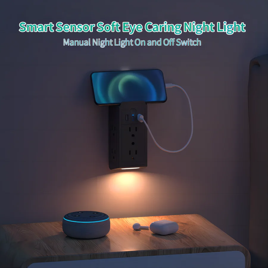 USB Wall Charger, Multi Plug Outlets Extender with Night Light, Expander Multi Plug Splitter