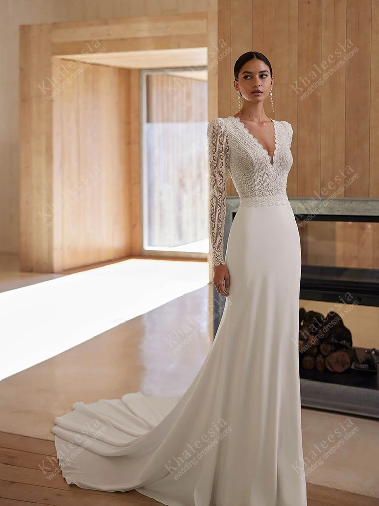 Bohemia Wedding Dresses Satin Bridal Gowns Full Sleeves Robes Deep V Neck Sweep Train Elegant Vestidos De Novia Customized 2025