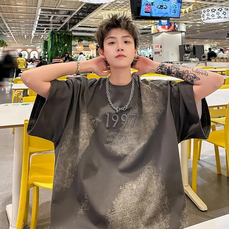 

Korean tie-dye design digital pattern short-sleeved men summer American cotton T-shirt tops trendy brand handsome retro T-shirt