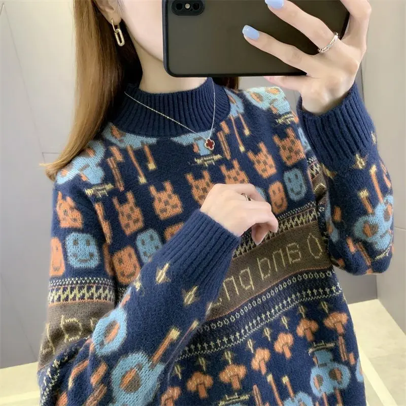 Women's Clothing Contrast Color Autumn Winter Pullover Long Sleeve Geometric Sweater Knitted Casual Elegant Fashionable Tops