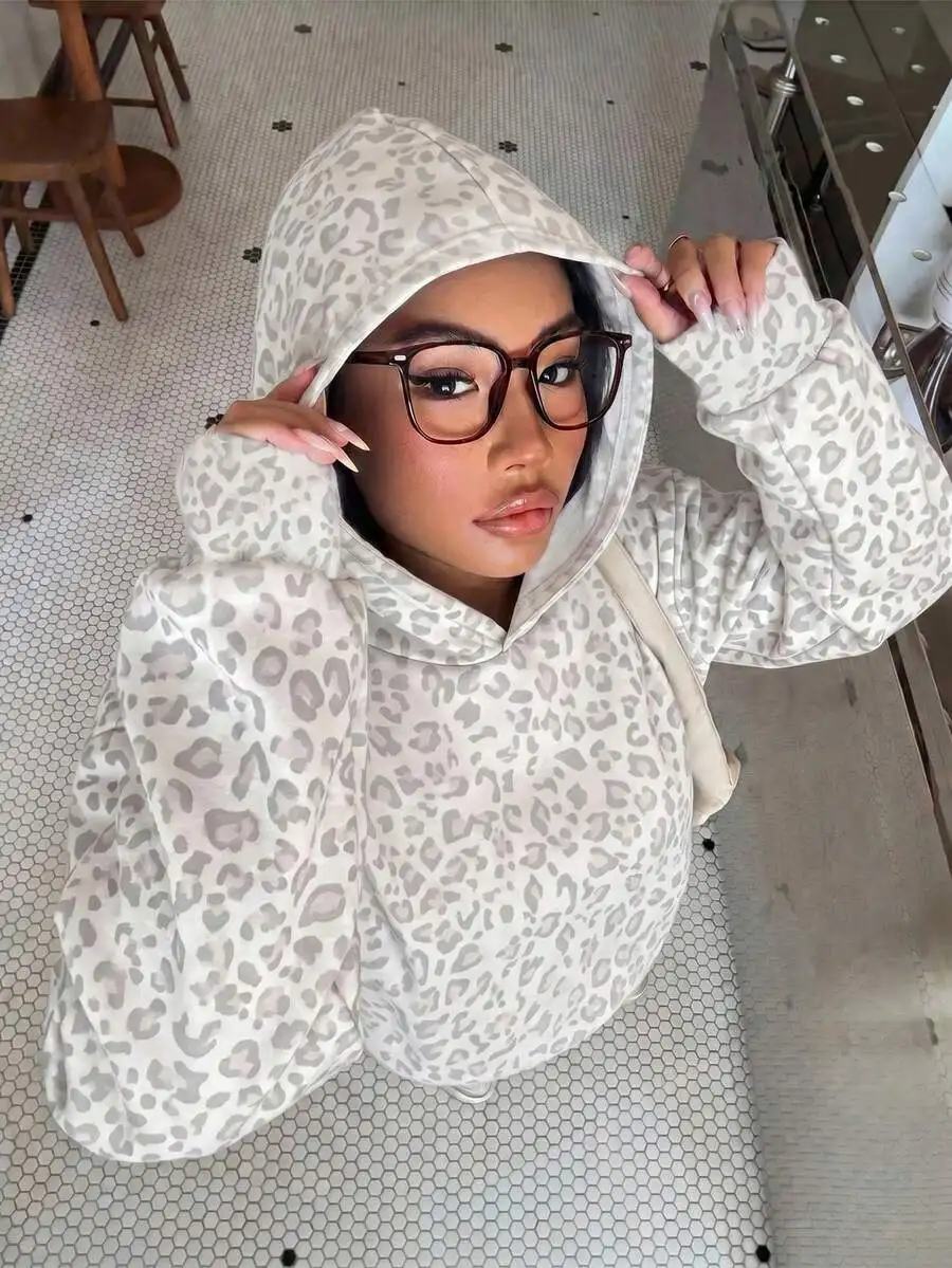 Women's Autumn Winter Leopard Print Long Sleeve Hooded Pullover Sweatshirt