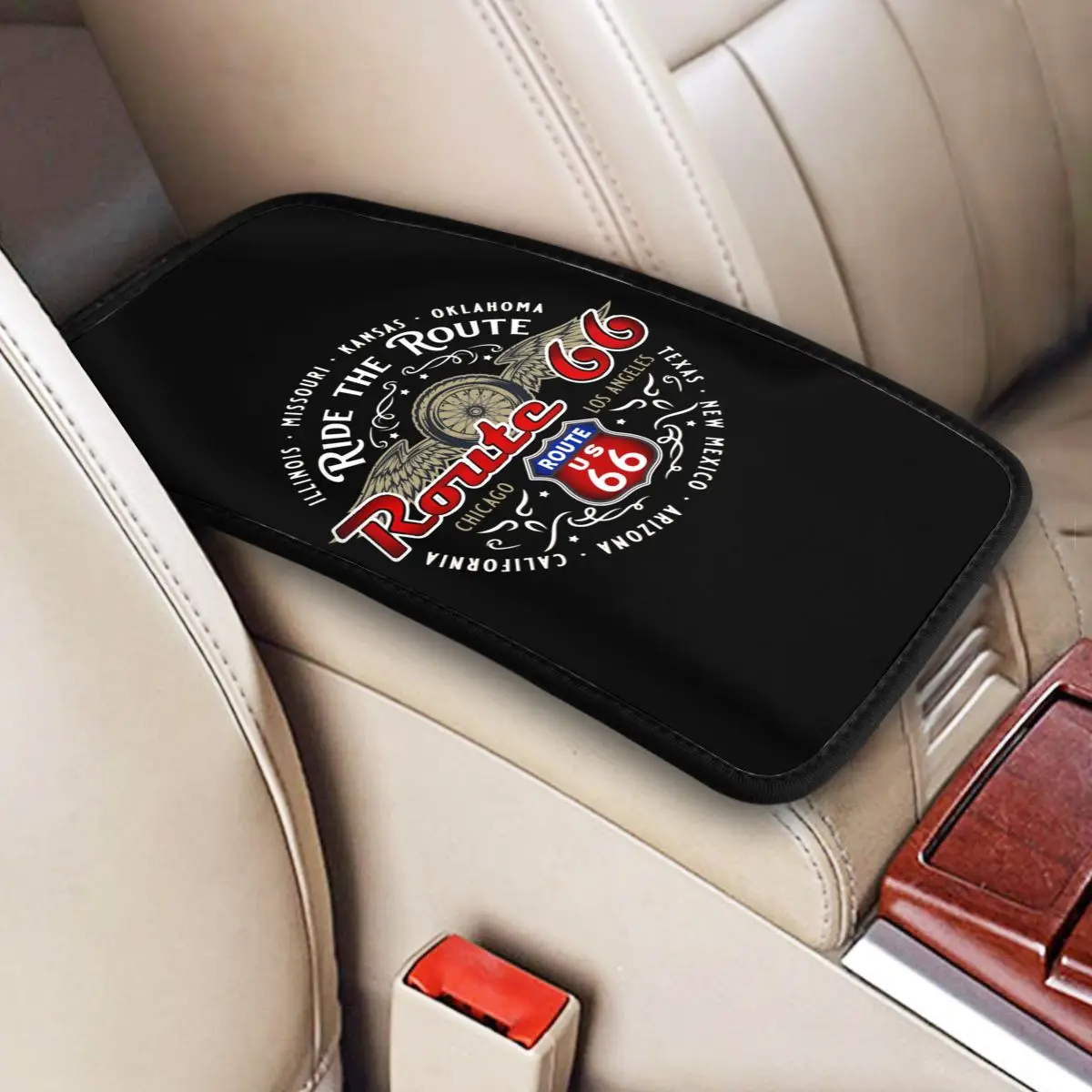 Custom Soft Ride The Route 66 Car Armrest Box Pad Biker Motorcycle Cruise America's Highway Center Console Cover Mat