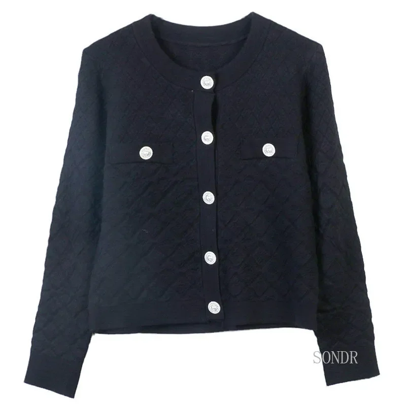 Monochrome Knitted Cardigan for Women, Round Neck, Jacquard Sweater, White and Black Tops, Korean Fashion, Fall and Winter