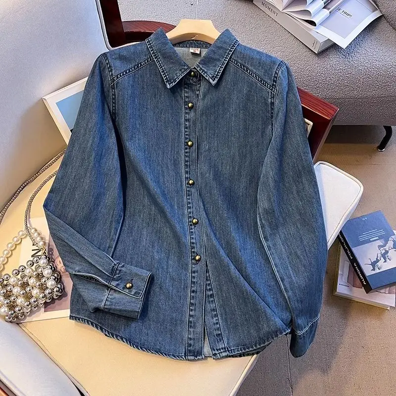 

Женская джинсовая рубашка, новинка 2024, весна-осень, свободные удобные женские ковбойские топы, синяя универсальная женская элегантная блузка в стиле ретро