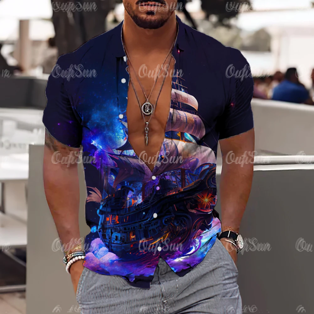 Sailboat Men'S Shirts Summer 3d Print 2023 Casual Fashion Hawaiian Shirts Man Street Button Short Sleeves Male Clothes Top Tee