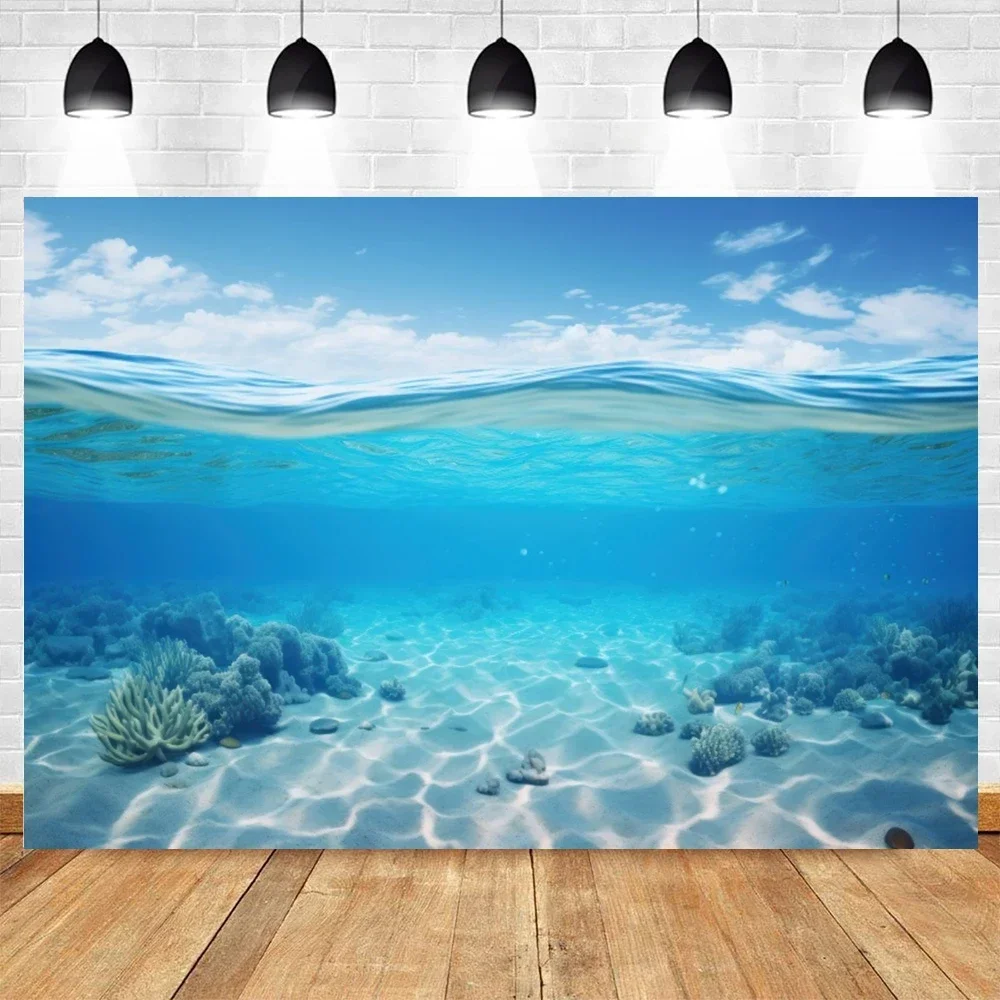 Undersea Sunlight Deep Blue Water Backdrop – Underwater World Scene, Children's Birthday Party Photography Background-Tapestry