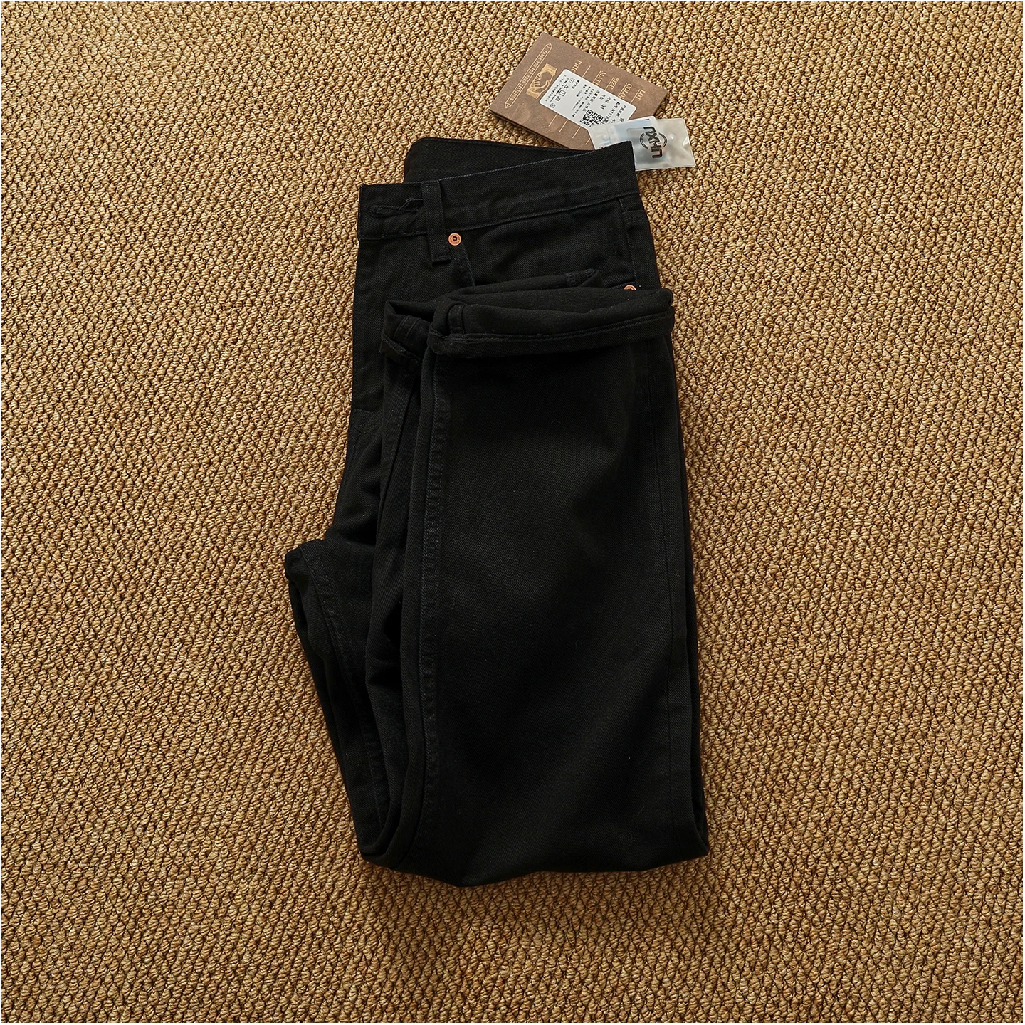 بنطال جينز أمريكي عتيق ذو ساق مستقيمة من قماش الدنيم باللون الأسود الفاخر للرجال - سروال مناسب مريح ثقيل الوزن لخريف/شتاء