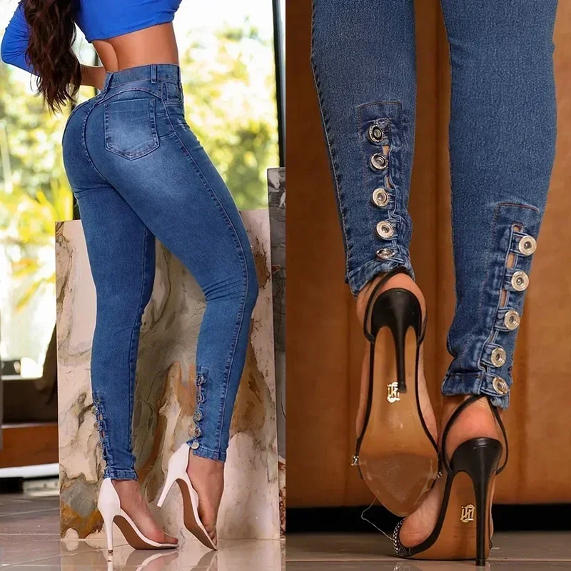 

Button Jeans Women Casual Skinny Pencil Pants High Waist Slim Stretch Denim TrousersLady Butt Lifting Jeans