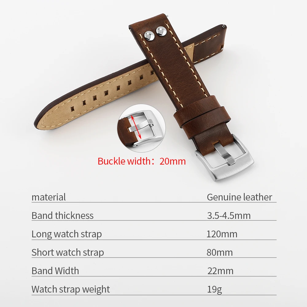 Rivets Quick Release Watch Strap Band 20mm 22mm Coffee Brown Watchband Stainless Steel Buckle Wrist Belt Bracele