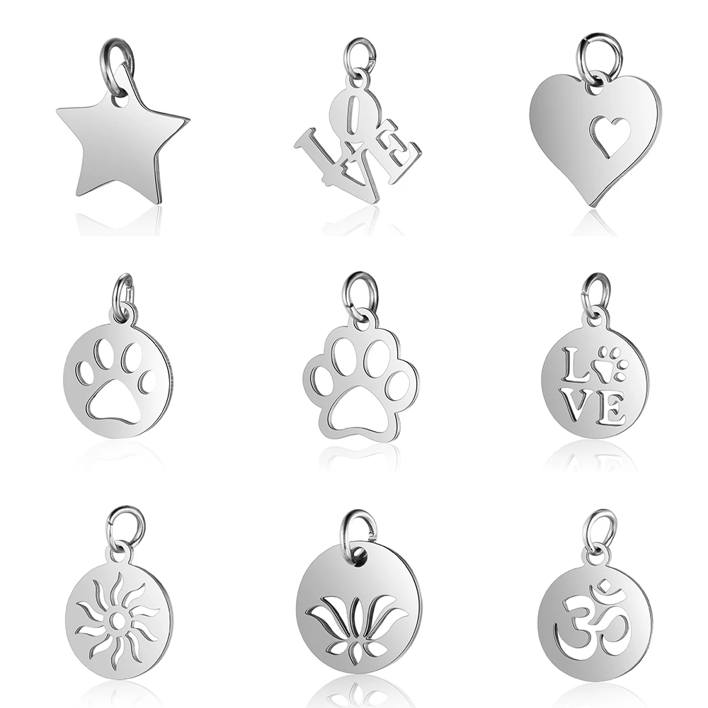 

10Pcs/Lot Stainless Steel Pendant With Five-Pointed Star Love Paw Lotus Charms For Making Necklace Fashion Jewelry Accessories