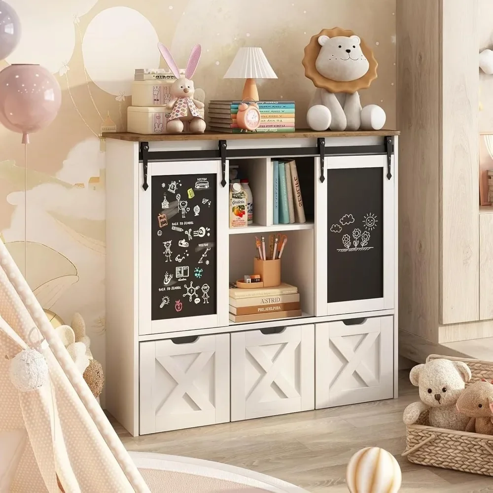 Toy Storage Organizer with Sliding Blackboard, Kids Bookshelf and Bookcase with Hidden Wheels and 3 Movable Movable Drawers