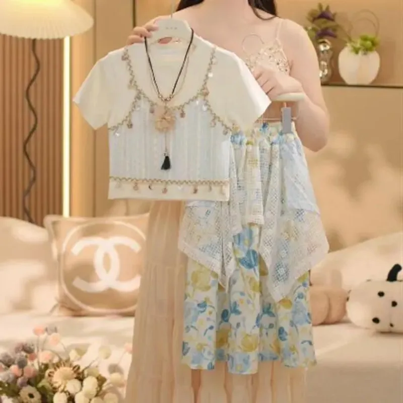 Girls' Summer Set Summer FashionNew Children's Fashion Short sleeved Top+Skirt Set