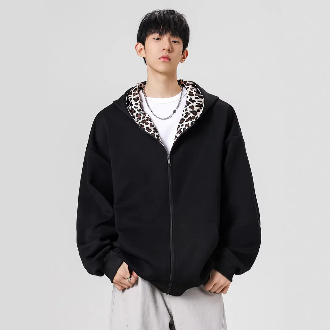 Men Coat Spring Autumn Leopard Print Patchwork Hooded Male Sweatshirt Jacket Long Sleeve Comfortable Versatile Man Outerwear
