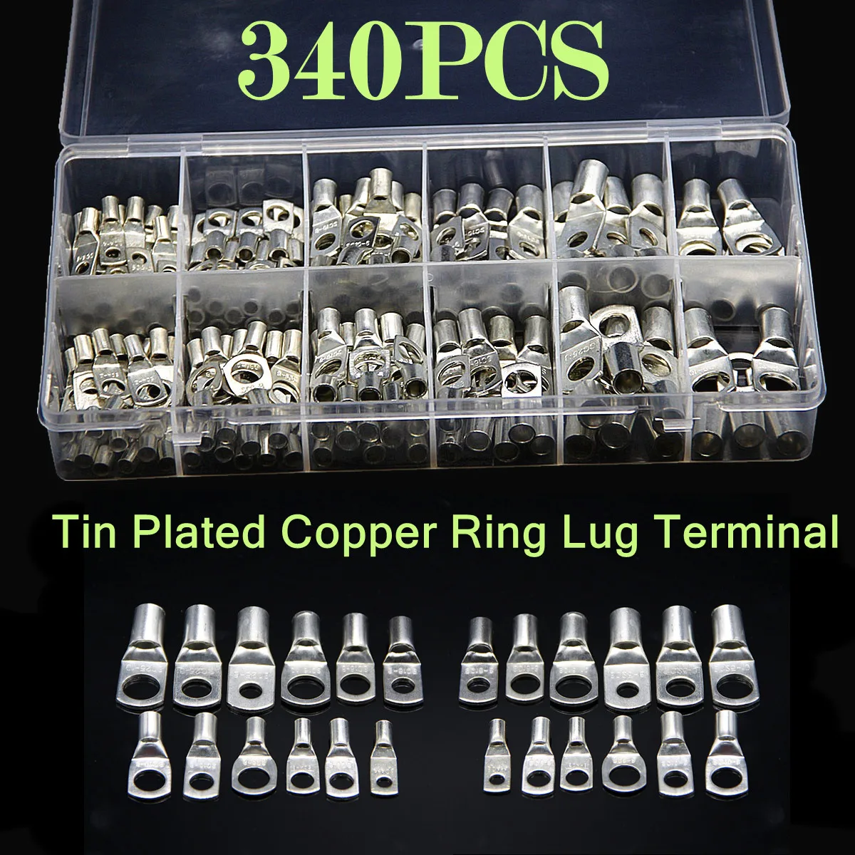 340Pcs SC4-25 Tin Plated Copper Ring Lug Terminal Battery Wire Connectors Bare Cable Crimped Soldered Box Set