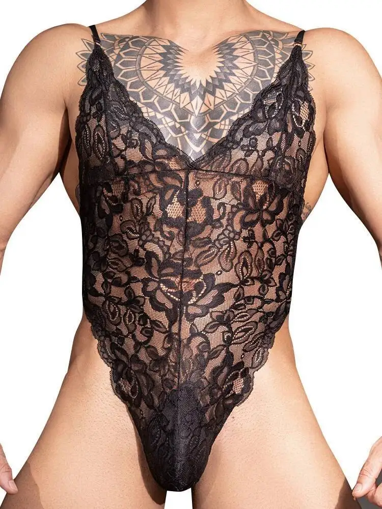 New Lace Trim Men's Sexy Bodysuits SM Sheer Hot Transvestite Sexy Bodysuits Backless Deep V Suspenders Sleeveless Bodysuits PBVQ