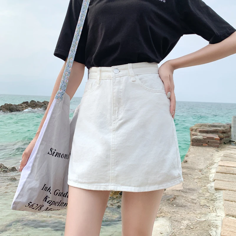 Gonna di jeans a vita alta Gonne a trapezio svasate bianche estive da donna Gonne di jeans di cotone alla moda Gonne aderenti