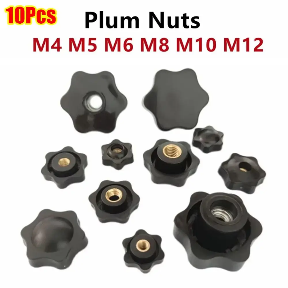 10Pcs M4 M5 M6 M8 M10 M12 Plum Hand Tighten Nuts Handle Thread Mechanical Black Thumb Nuts Clamping Knob Manual Thumb Nut