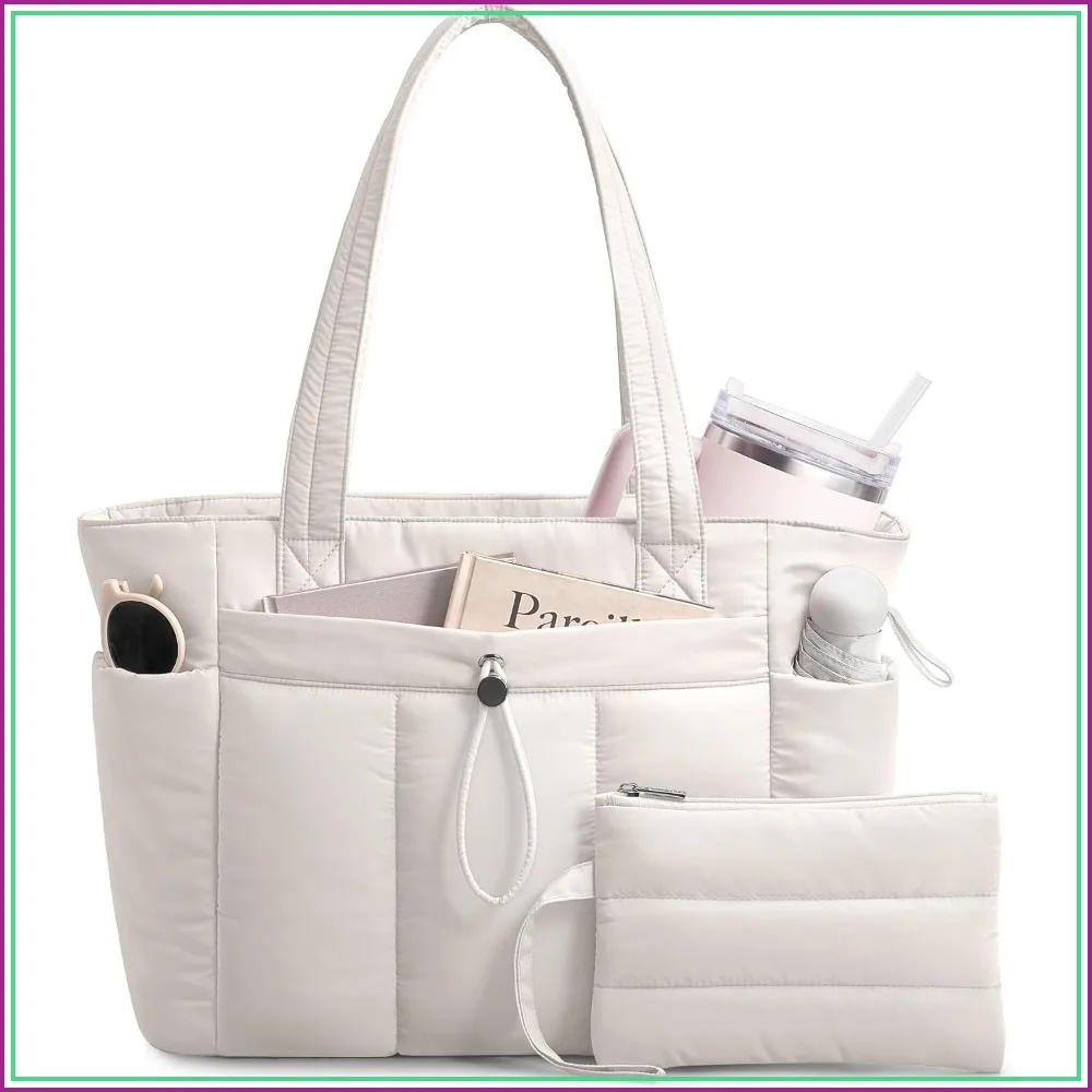 Puffy Tote Bag For Women With Cup Holder, Laptop Compartment & Trolley Sleeve For Work, Travel